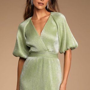 Ethereal Angel Light Green Glitter Puff Sleeve Mini Dress